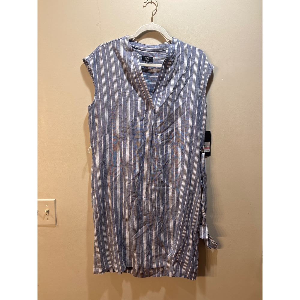 NWT Jones New York Signature Blue White Striped Linen Blend Shift Dress Size 10